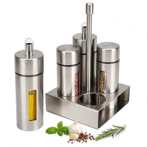 Vinagreras Y Aceiteras de Mes, Juego de Vinagrera de Sal y Aceite, Dispensador de Aceite de Acero Inoxidable, Gran Capacidad y Tapa, Dispensador de Sal y Pimienta para Casa Cocina Restaurante