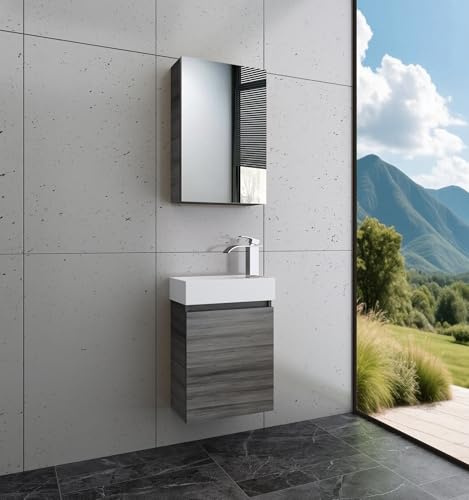 Faizee Home | Badmöbel Set Grau – Waschtisch mit Unterschrank, Keramik-Waschbecken & Spiegelschrank | Ohne Armatur | Modernes Badezimmermöbel mit elegantem Design