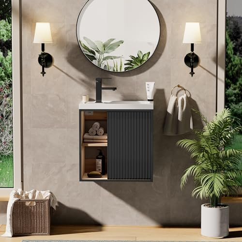 UEV 500 mm Wall Hung Vanity Unit with Resin Sink, Space-Saving Storage Cabinet, Modern Black Line Design, Wall Mounted Cloakroom Basin