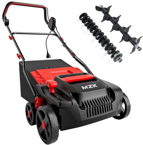 MZK 15-inch 2-in-1 Electric Dethatcher and Scarifier w/Removeable 5-Position Height Adjustment,Lawn dethatcher w/12-Gallon Thatch Collection Bag,Keep Lawn Health(RED),DS15A08