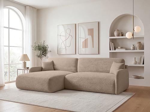 KP-Meble Ecksofa mit Schlaffunktion - 256x175 cm Bouclé Beige – Modernes L-Sofa, Schlafsofa mit Bettkasten, Große Couch mit Stauraum Pierr (Anthology 4, Links)
