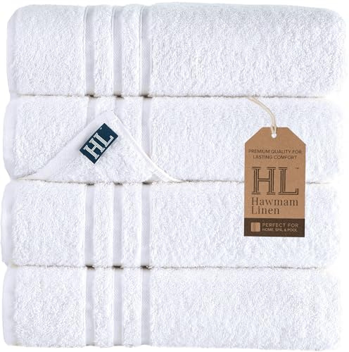 Hawmam Linen - Pack de 4 Toallas de baño Blancas de 69 x 137 cm, 100% algodón Turco, Suaves, Ligeras y Altamente absorbentes, de Secado rápido, Uso Diario
