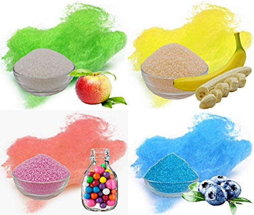 4 x 100g Aromazucker Set mit Geschmack Apfel Banane Bubble Gum Blaubeere farbiger Zucker für Zuckerwatte