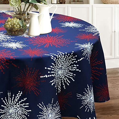 CAIT CHAPMAN HOME COLLECTION Red White Blue Celebration Fireworks Easy-Care Fabric Tablecloth (70 Round, Blue)