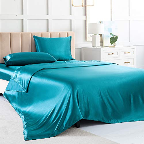 Juego de sábanas de satén de tamaño Completo, sábanas de Seda Verde Azulado, Juego de Ropa de Cama Suave de 4 Piezas con 1 Bolsillo Profundo, 1 sábana Plana, 2 Fundas de Almohada