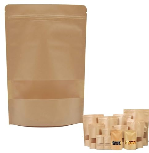AIBAOBAO 50Pcs Kraft Paper Food Bag, 12 x 20 cm Brown Zip Lock Resealable Stand Up Food Pouches with Transparent Window, Tea, Nuts, Seeds, Coffee Beans, Dried Fruits, Candy, Snacks, Cookie Bag Zip Sea