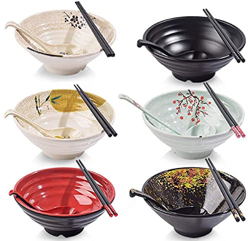 Bols Japonais En Ramen Lot De 6 (18 Pièces) , Capacité 1150 ML, Bol À Soupe Antidérapant De Avec Cuillère Et Baguettes, Bol À Céréales Multifonction Pour Pâtes, Fruits, Nouilles Et Salades,6pcs