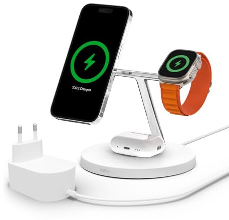 Belkin MagSafe 3-in-1-Wireless-Ladegerät, MagSafe-Ladestation 15 W Schnellladung für iPhone und AppleWatch, Lade-AirPods-Ladestation für iPhone 16, 15, 14, 13, Apple Watch, AirPods