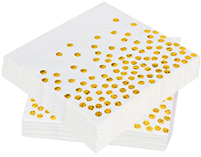 60 Serviettes en Papier à Pois Doré 33x33 cm - 3 Épaisseurs pour Anniversaire, Mariage & Fêtes Blanches