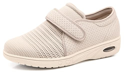 Diabetic Shoes for Women Wide Width,Lightweight Breathable Elderly Walking Edema Sneakers,Fertilizer Adjustable Closure Mens Diabetic Slippers,Machine Washable (Color : Beige, Size : 9 UK)