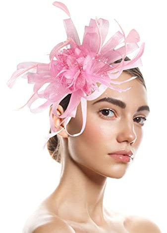 Fascinator Damen, Fascinator Damen Hut Blume Mesh Federn Clip Kopfbedeckung für Tea Party Damen Fascinator Hair Clip Stirnband Feder Flower Braut Kopfschmuck Cocktail Hochzeit Haarschmuck