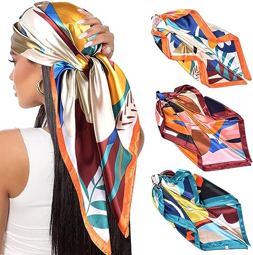 Naapesi 3 Stück Seidentuch für Damen, Bandana und Halstuch in Einem, Quadratisches Satinseidentuch,Vielseitiges Accessoire für Kopfbedeckung, Haarschmuck und Geschenk - 90 * 90 cm