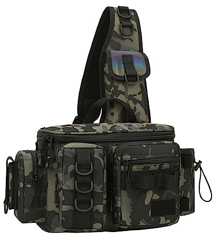 Angeln Umhängetasche mit Rutenhalter - Wasserdichter Angelrucksack Angeln Tasche Multifunktional zur Angelgerät Aufbewahrung und Organisation, Grüner Tarnanstrich