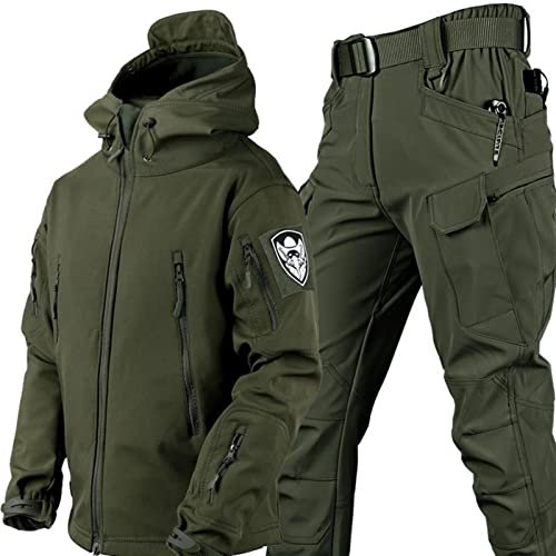 AAADRESSES Herren Softshell Jacke Taktische Uniformen MilitäRische wasserdichte Armee Kampfanzug Sets Jagdbekleidung Hose Leicht Outdoor ReißVerschluss Kapuzenpulli,Grün,L