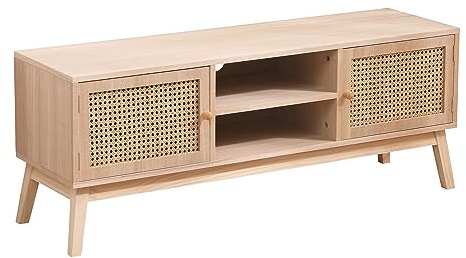 FurnitureHMD Wooden 2 Door TV Stand Ratten Entertainment Media Console table,Wicker TV Cabinet with Shelves,Storage Cupboard