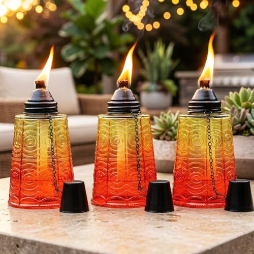 Seraphic Citronella Table Top Torches for Outdoor Patio, 16oz Decorative Glass Torch Citronella Candles for Outside Deck, Garden, Parties, Set of 3, Sunset Orange