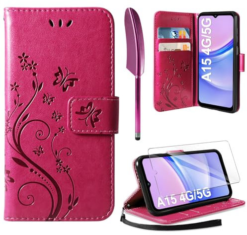 AROYI Lederhülle Kompatibel mit Samsung Galaxy A15 5G/4G Hülle und Schutzfolie,Wallet Handyhülle Leder Tasche Kartensteckplätzen Schutzhülle Kompatibel mit Samsung Galaxy A15 5G/4G Rosenrot