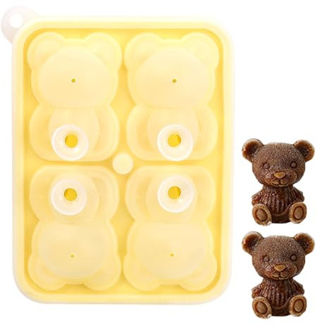 Ice Cube Tray, Silicone Ice Cube Trays with Lid 4 Cavity Bear Shape Ice Cube Moulds for Freezer, Water,Whiskey, Cocktail and Other Drink(Yellow)
