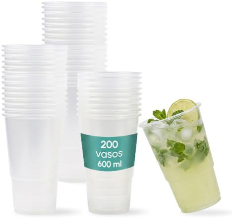 200 vasos reutilizables plástico resistente transparentes 600 ml | Vasos muy resistentes, difíciles de romper, seguros y reutilizables. Adecuados para conciertos y fiestas.