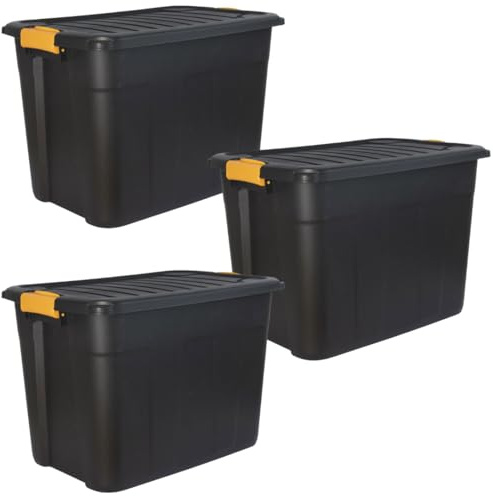 DANIEL JAMES Housewares Heavy Duty Storage Box with Lid - Large Plastic Stackable Storage Boxes with Clip Handles - Lockable BPA Free Indoor Outdoor Garage Storage Trunk Box - 3 Pack, Black, 20l