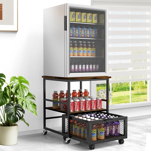 sugitek 19.7x19.7in Mobile Mini Fridge Stand with 3 Storage,Small Beverage Refrigerator Table with Wheels Rolling Compact Drawer Cart,Great for Dorm Home Office, Printer Stand, Coffee Table