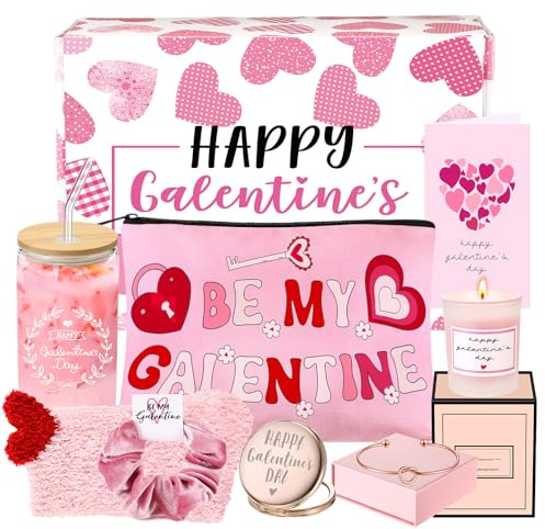 Abbylike 10 Pcs Galentine's Day Gift Set, Gift Box Glass Cup Makeup Bag Plush Socks Candle Greeting Card Hair Scrunchy Bracelet Mirror Jewelry Box for Women Friend Bestie Valentine Party Favors