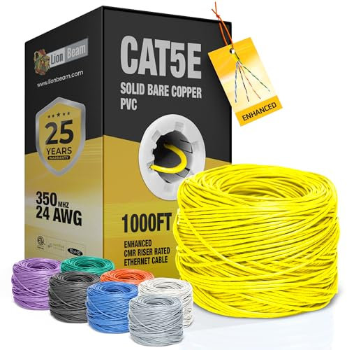 LION BEAM™ Cat5e Ethernet Cable 1000FT Pull-Box, 24AWG, CMR Insulated Solid Bare Copper Internet Cable 350 MHz, Provides High-Speed 1-5Gbps, UTP Bulk Ethernet Riser Wire with Smooth Fast Reel, Yellow