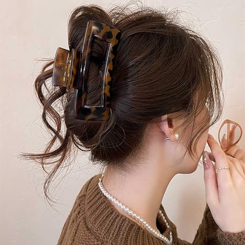 Inateannal Grandes pinces à cheveux carrées en forme de tortue marron mat avec griffes en plastique léopard, antidérapantes et forte tenue