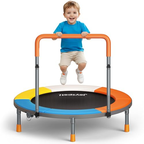 JOY SPOT! Kinder Trampolin Indoor Outdoor, Ø 91cm Faltbares Minitrampolin mit Verstellbarer Griff, Kindertrampolin Klappbar Max 68 kg, Gartentrampolin für Kleinkind Jungen, Mädchen ab 3 4 5 6 7 Jahren