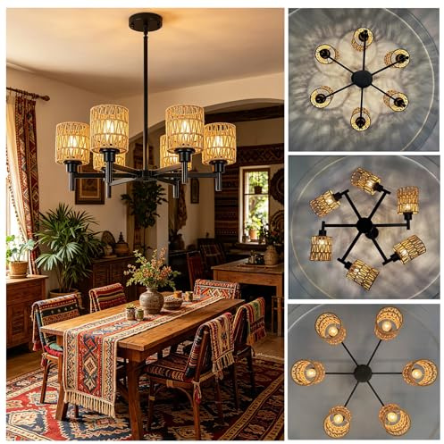 Hängelampe Rattan Boho, 6-Flammige Pendelleuchte Esstisch Schwarz Ø 63cm Rustikale Kronleuchter Vintage Höhenverstellbar Landhaus Retro E27 Groß Hängeleuchte Wohnzimmer für Esszimmer Schlafzimmer