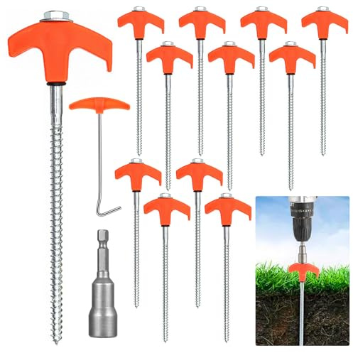 GROOFOO 12x Zeltheringe mit Schraubendreher,Drehbare Zeltheringe mit Gewinde,Felsboden-Erdnägel für Camping,mit Adapter für Akku-Schrauber,mit Nagelzieher,Robuste Stahl-Heringe für Camping und Outdoor