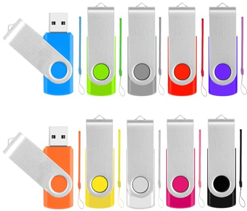 USB Drive 32GB Bulk Thumb Drives 10 Pack, Metal Swivel Memory Stick Jump Drives with LED Indicator, Mixed Color Memoria USB Stick Zip Drive Pendrive Data Storage and Backup Flashdrive for Computer