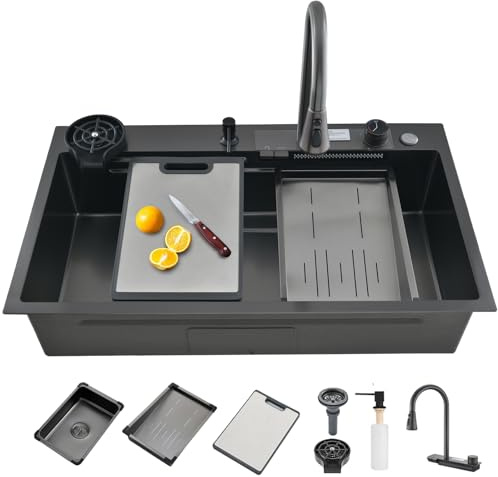 FGNIXLN Évier de cuisine cascade T304 en acier inoxydable Évier de cuisine multifonctionnel Évier de cuisine encastrable Station de travail de cuisine avec robinet multifonctionnel et divers