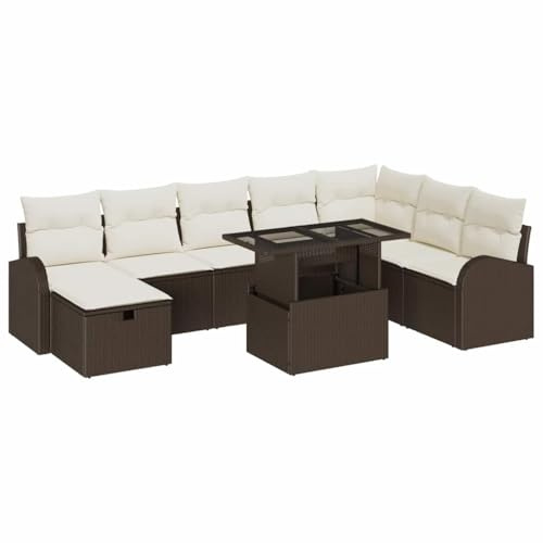 vidaXL Garten-Sofa-Set mit Kissen mit Speicher 9 pcs Braun Poly Rattan, Modulares Outdoor-Sofa-Set, rechteckig, leicht, UV-beständig, mit verstellbarem Tisch, Stauraum im Garten