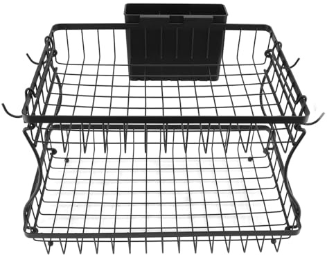 Kuuleyn Soporte de soporte de almacenamiento de vegetales Fruit, organizador de frutas de 2 niveles con canasta y ganchos Soporte de almacenamiento desmontable para suministros
