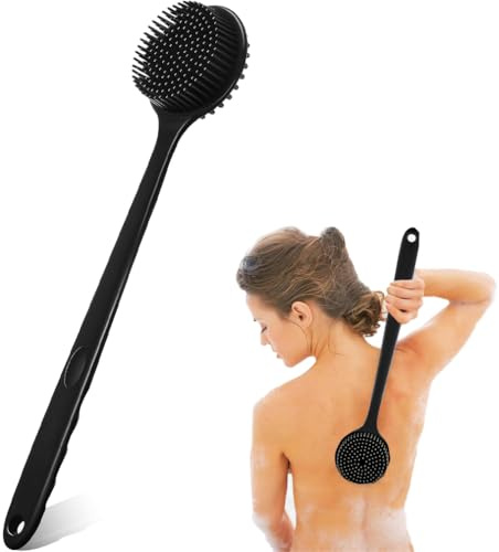 Silicone Body Scrubber for Shower with Long Handle, Double Sided Shower Brush for Shower Exfoliating and Massage, Long Handle Back Scrubber, Shower Brush for Exfoliating Skin and A Soft Scrub (Black)