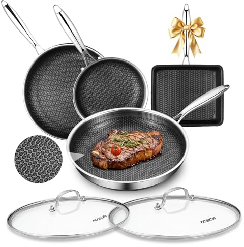 AOSION Nonstick Frying Pans Set,Hybrid Skillets Set with Lid(8+10+9+12inch), Hybrid Stainless Steel Frying Pans Set of 3 for Cooking,PFAS/PFOA Free Cookware Sets,Induction Compatible.