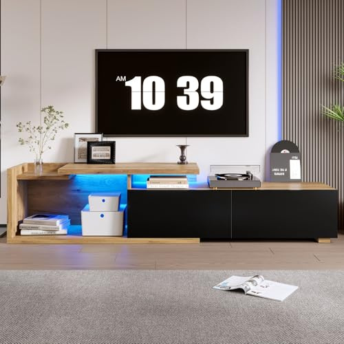 PUGSDRLY Meuble TV Noir Extensible 120 à 200cm Longueur,Meuble Tele d'angle,Buffet avec Eclairage LED réglable,2 Tiroirs,pour Salon