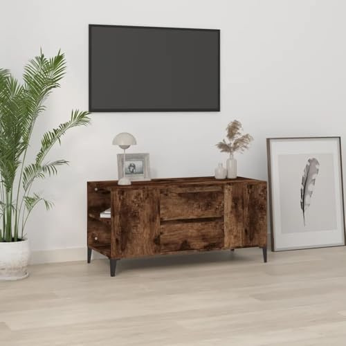 HETFTJN TV Schrank Räuchereiche 102x44,5x50 cm Holzwerkstoff & Metall Lowboard Fernsehtisch mit 4 Fächern 2 Schubladen Industrial Design Modernes TV Sideboard für Wohnzimmer Esszimmer