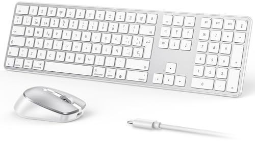 OMOTON inalámbrico Bluetooth Teclado y ratón para Mac (MacBook Air/MacBook Pro/iMac/iMac Pro),Teclado y ratón USB Recargables para Mac OS, con 3 Canales Bluetooth, Escritura silenciosa, Plateado