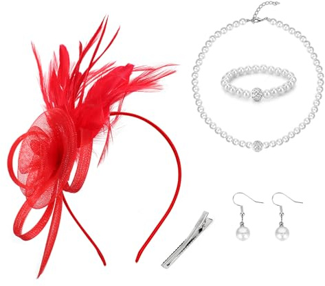 MWOOT Fascinator Pannband, 1920 Nät Fjäder och Blomma Huvudbonad för Kvinnor, Halsband Armband Konstgjorda Pärlörhängen, Röd Bröllop Hårtillbehör Cocktail Tea Party