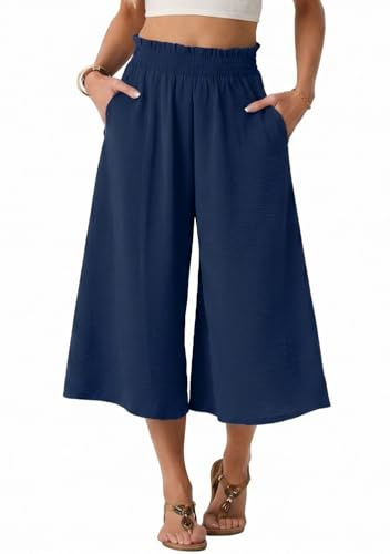 PrinStory Pantalones de pierna ancha para mujer, pantalones capri elásticos de cintura alta, pantalones casuales palazzo, holgados, culottes de descanso, azul marino, XXL
