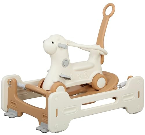 Caviresta 5-in-1 Alpaca Rocker 66lb Capacity: Spring Ride-On, Push Cart, Balance Board, Balance Bike, Detachable Guardrails & Footrests, HDPE Build, Brown/White, 35x24x31.1in