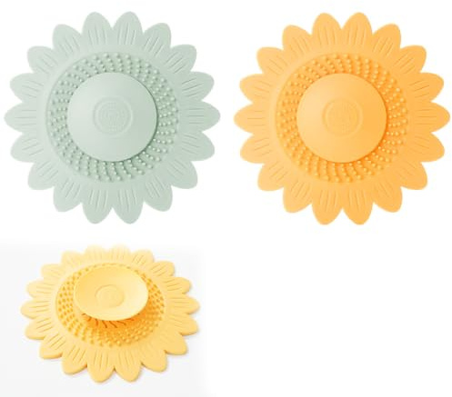 2 Pezzi Tappo Vasca da Bagno Universale in Silicone, Tappo Doccia Antiodore a Forma di Girasole per Lavandino Cucina, Lavello e Bidet, Filtro Scarico per Capelli e Residui, Arancione e Verde