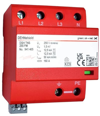 Dehn Kombi-Downloader dsh tns 255 fm | Typ 1 + Typ 2 Schutzgerät für TNS-Systeme mit Fernmeldekontakt, 4-polig, 255 V AC, 941405 zur Hutschienenmontage