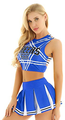 inhzoy Frauen Cheerleading Cheer Leader Uniform Set Crop Top Rückenfrei Unterhemd kurzer Faltenrock Minirock Tanz Karneval Fasching Party Halloween Kostüm Typ A_Blau S