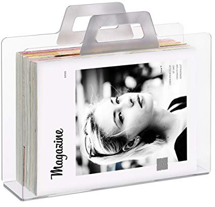 Relaxdays Zeitungsständer, 2 Griffe, Transparente Optik, für Zeitungen & Zeitschriften, Acryl, HxBxT 29x33x10 cm, silber