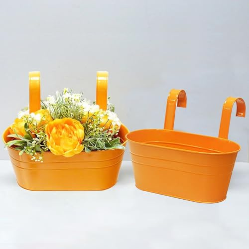 Lot de 2 pots de fleurs à suspendre en métal pour intérieur et extérieur, seau de rangement dans la cuisine ou la salle de bain, crochet amovible (orange)