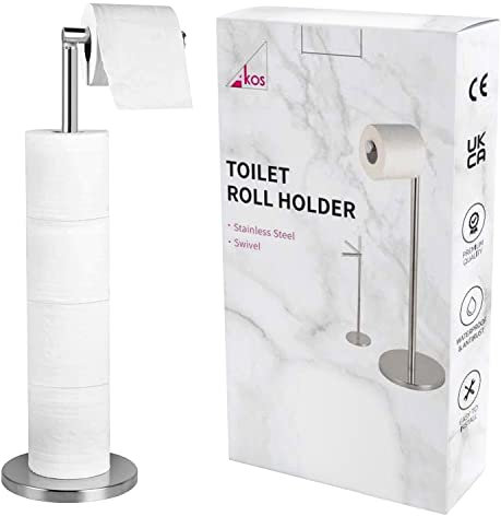 Akos Stainless Steel Silver Toilet Roll Holder - Free Standing Toilet Paper Holder with Storage - Floor Standing Toilet Roll Holder Stand that Holds 5 Paper Rolls