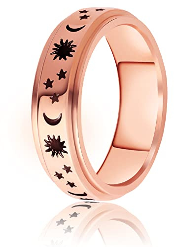 LAOYOU Fidget Anxiety Ring For Women Spinner | 6mm Rose Gold Plated Stainless Steel Womens Sun Moon Stars Spinner Rings Band Worry Stress Relief Anxiety Ring for Women Ladies Jewelry Gift Size 5